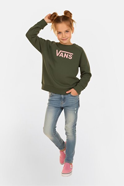 Vans Kids Girl Crew Neck Long Sleeve Brand Logo Sweatshirt, Green