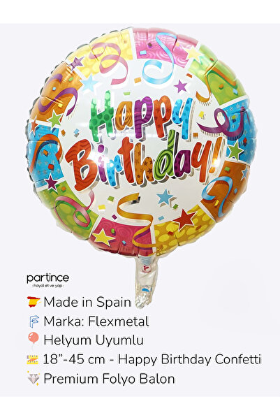 partince Happy Birthday Yazılı Konfeti Tema Folyo Balon Paket İçi 1 Adet