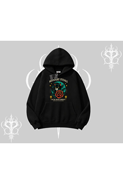 Tarzsokak Hanorac cu glugă cu imprimeu Pisică Petale de Miezul Nopții