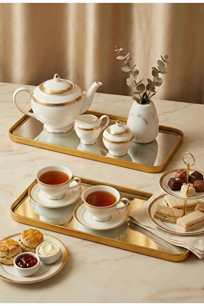 Yavuzhan Metal Gold Çerçeveli 2’li Dikdörtgen Aynalı Dekoratif Tepsi (13x30)