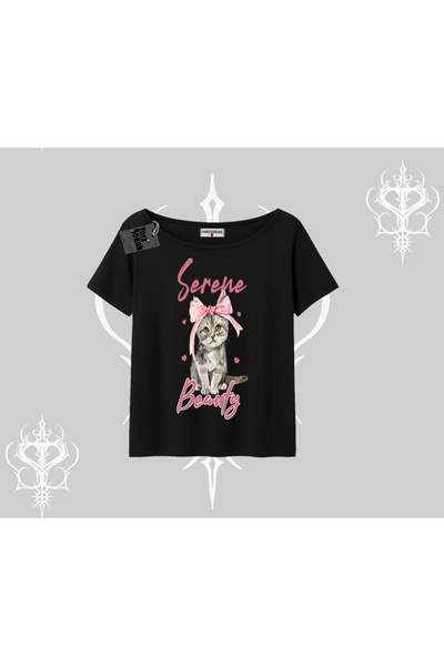 Tarzsokak Tricou Serene Beauty cu imprimeu pisică și guler bărcuță