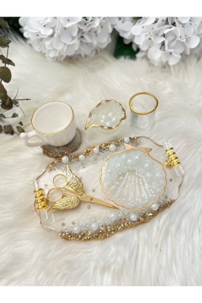 RESİNARTSHOP Epoksi Tepsi Şeffaf & Gold Nişan Seti Küçük Boy 7 Parça