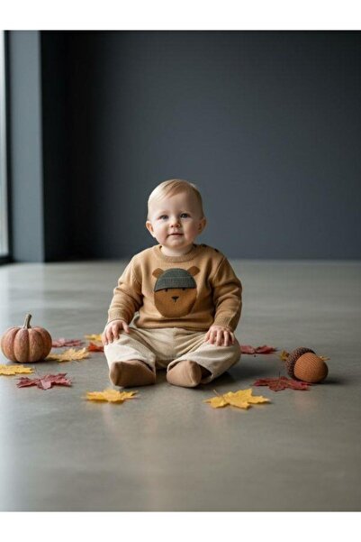 Zekids Baby Boy Teddy Bear Patterned Sweater and Pants Set