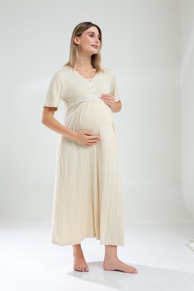 Lohusa Dünyasi Women's Beige Jacquard Shawl Collar Short Sleeve 2-Piece Special Design Maternity Dressing Gown Nightgown Set