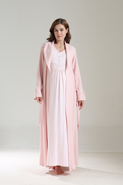 Rimel Homewear Pamuklu Hamile Lohusa Sabahlıklı Gecelik Takımı - Dantel Detay...