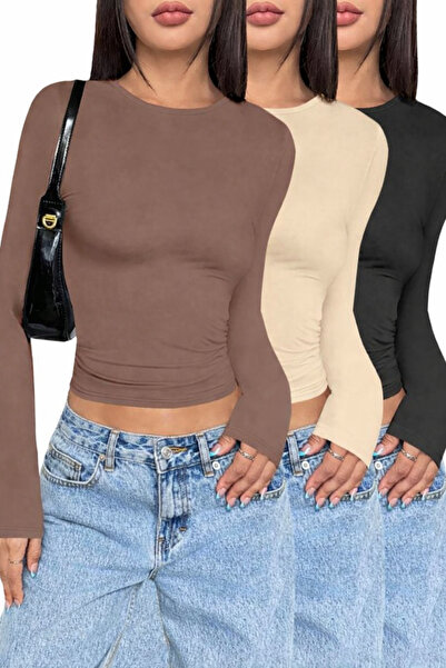 ÖZ PAMUK Bluză BASIC cu decolteu rotund, din țesătură PLAIN, 3 piese, Lycra F...