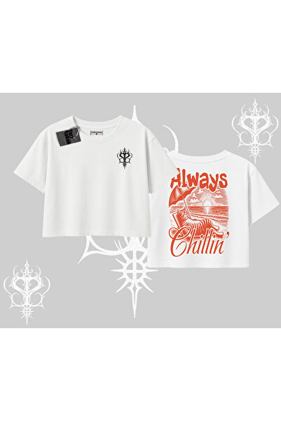 Tarzsokak Always Chillin Cat Back Printed Oversized Crop Tshirt
