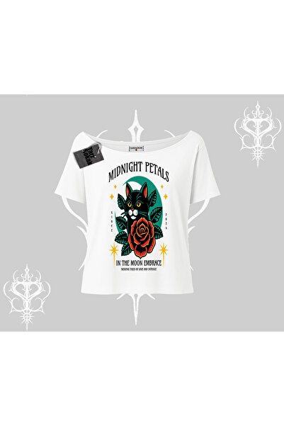 Tarzsokak Tricou cu imprimeu Midnight Petals Cat, cu guler tip barcă