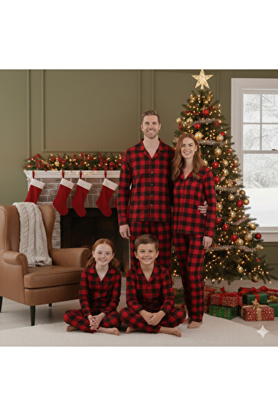 HAYAL HOME WEAR Kırmızı Siyah Ekose Desenli Düğmeli Aile Pijama Takımı - Yılb...