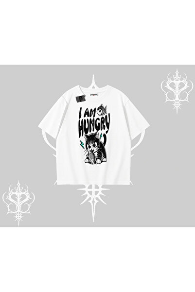 Tarzsokak Tricou supradimensionat cu imprimeu Am Hungry Cat