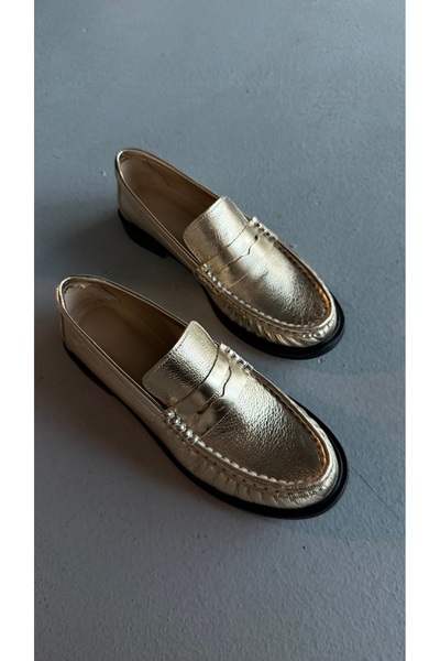 Eataly Shoes Kadın Lena Gold Büzgülü Gerçek Deri Oxford Loafer Günlük Ayakkabı