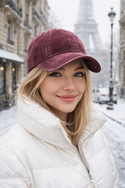 MARBERRY قبعة نسائية مخملية باللون العنابي قماش مجدّل كيب