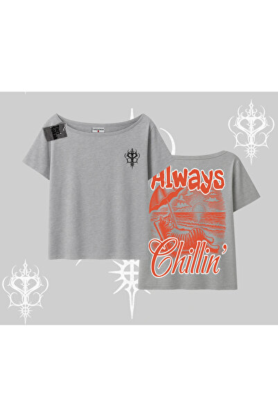 Tarzsokak Always Chillin Cat Back Printed Boat Neck Tshirt