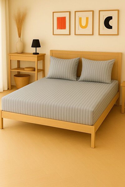 nefisenem Minimal Striped Cotton Satin Gray Color Bed Sheet Set (Including Pillowcases)