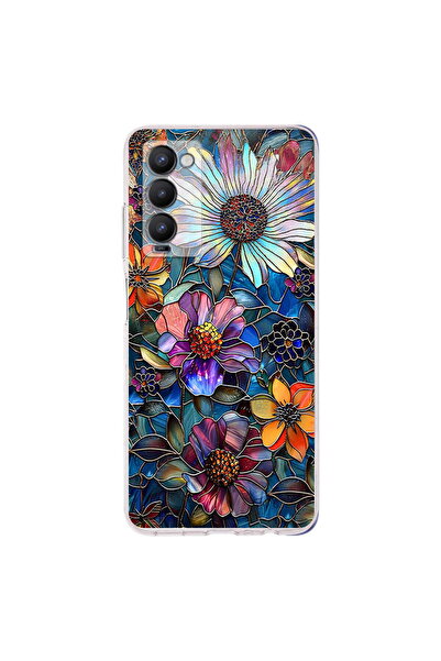 PrintiFy Tecno Camon 18P ile Uyumlu Vitray Mücevher Flora Tasarımlı Şeffaf Si...