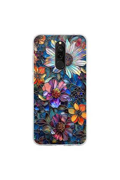 PrintiFy Redmi 8 ile Uyumlu Vitray Mücevher Flora Tasarımlı Şeffaf Silikon Kılıf