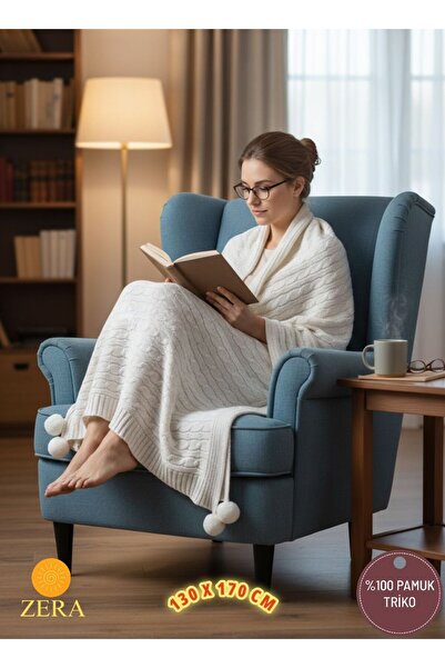 zera collection Battaniye TV battaniyesi ponpon detaylı %100 Pamuk Örme Triko...