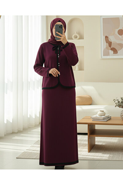 Modamorfo Lace Detailed Striped Buttoned Skirt Knitwear Set - Burgundy