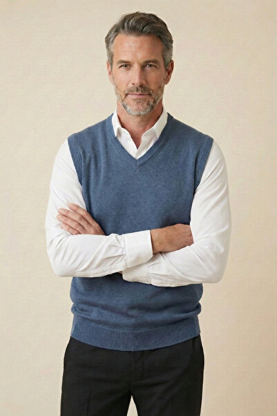 nacar çarşı Erkek Baba İndigo V Yaka Triko Süveter Klasik Kesim Yumuşak Dokulu