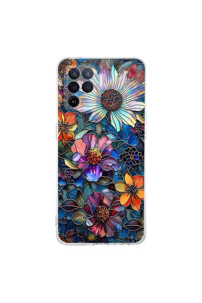 PrintiFy Oppo Reno 5 Lite ile Uyumlu Vitray Mücevher Flora Tasarımlı Şeffaf S...
