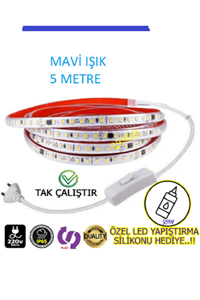 ERBAY 220V Şerit LED MAVİ IŞIK FİŞLİ VE ANAHTARLI 5 METRE ((ADAPTÖR TRAFO YOK...
