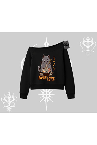 Tarzsokak Hanorac cu gâtul rotund Ramen Lover Cat Anime imprimat