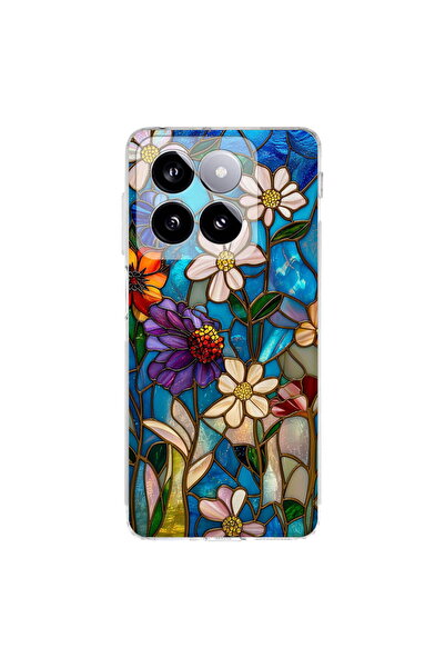 PrintiFy Xiaomi Mi 14 ile Uyumlu Vitray Mavi Bahar Tasarımlı Şeffaf Silikon K...