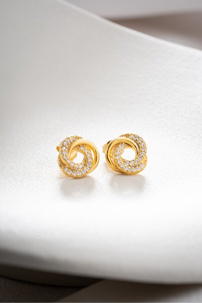 Two Arts Kadın 925 Ayar Gümüş Küpe Zirkon Taşlı Düğüm Küpe | 14 Ayar Altın Ka...