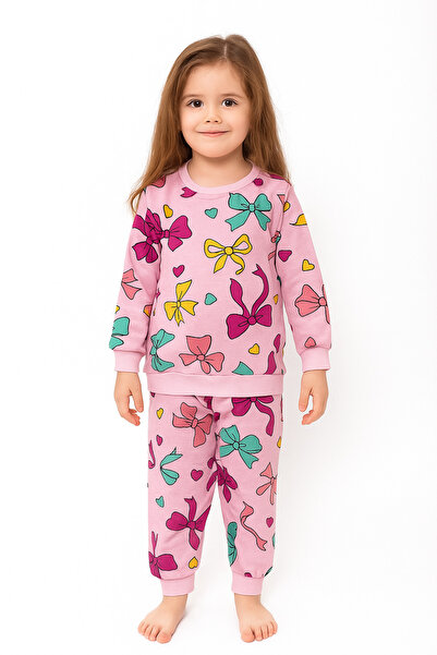 Kidora Kids Girl's Two Thread Sha Fleece-Lined Embe Color Ribbon Pattern Long Sleeve Pajamas Set