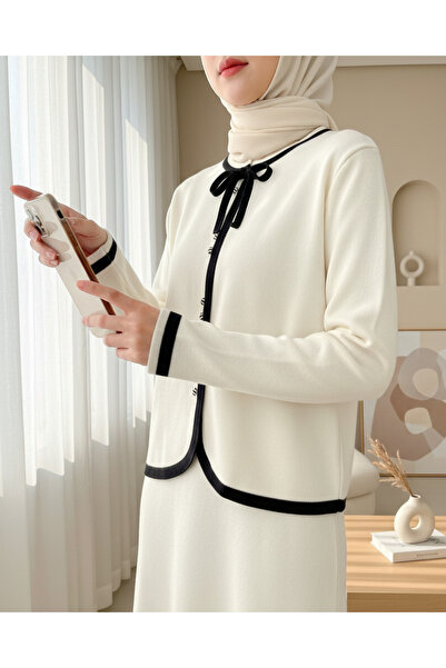 Modamorfo Lace Detailed Striped Buttoned Skirt Knitwear Set - Cream