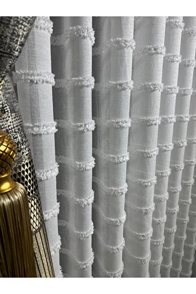 exelance home PÜSKÜLLÜ KETEN TÜL KABARTMA KETEN İTALYAN TÜL EKRU SİK PİLE 1e3