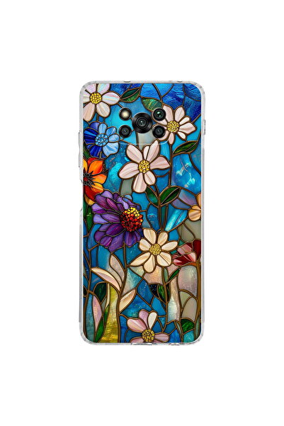 PrintiFy Poco X3 NFC ile Uyumlu Vitray Mavi Bahar Tasarımlı Şeffaf Silikon Kılıf