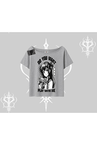 Tarzsokak تي شيرت برقبة على شكل قارب هل تريد أن تلعب بي أنمي كيتي مطبوع