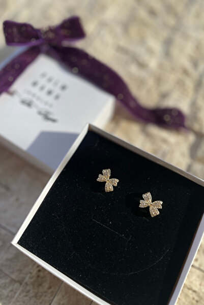PALM MAMA JEWELRY Minimal Tatlı Kurdele Fiyonk Taşlı Gold Çelik Küpe
