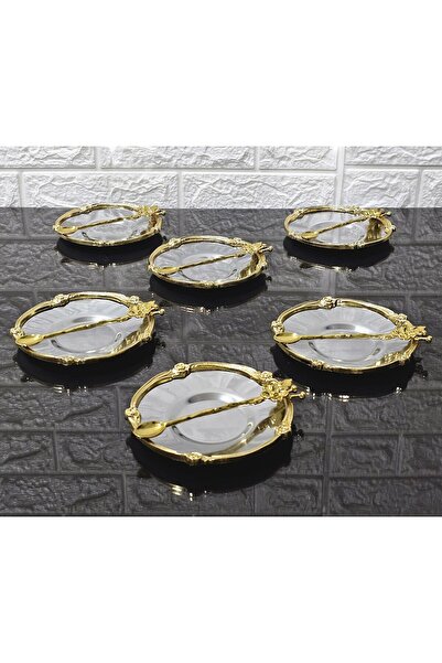 atabey home collection طقم أطباق شاي معدنية مكون من 6 قطع مع إطار وردي مصبوب وملعقة، قطر الكوب الداخلي 5.5 سم