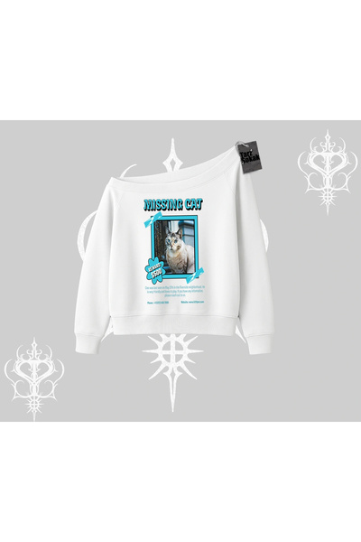 Tarzsokak Hanorac cu imprimeu Missing Cat, cu guler tip barcă