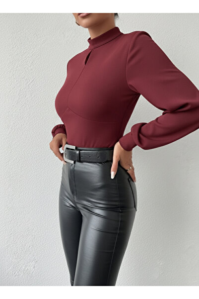 OLSAMODA Women's Balloon Sleeve Front Drop Detail Flexible Knitted Fabric Blouse