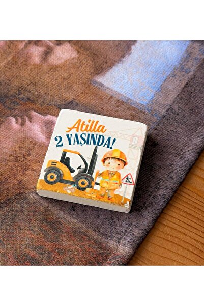 arslart İnşaat Temalı Çocuk Figürlü Doğal Taş Magnet Hediyelik, Doğum Günü Ha...