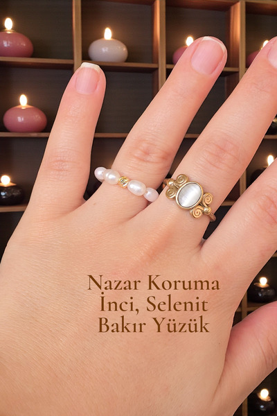 NBS Beautiful Naturel Stones Real 2 Pieces Adjustable Copper Selenite - Pearl Ring (with Real Barley Pearls) (Positive Energy)