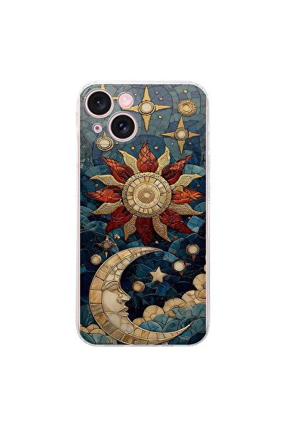 PrintiFy iPhone 15 ile Uyumlu Vitray Sol ve Luna Tasarımlı Şeffaf Silikon Kılıf