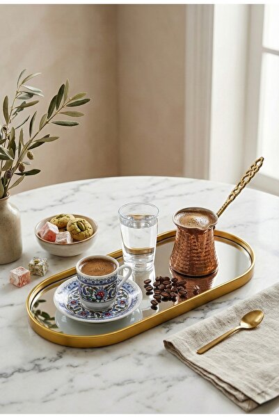 Yavuzhan Metal Gold Çerçeveli Oval Aynalı Dekorarif Tepsi (13x30)