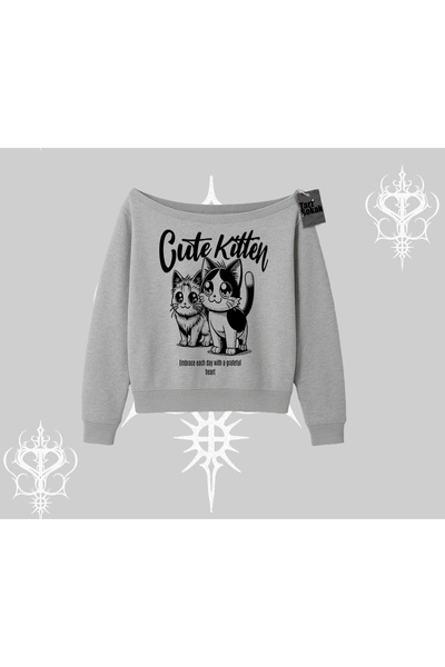 Tarzsokak سترة مطبوع ذات ياقة على شكل قارب مزينة بكتابة قطة لطيفة على شكل قطة...