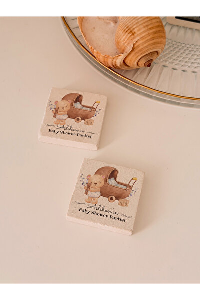 arslart Ayıcık ve Bebek Arabası Temalı Doğal Taş Magnet Hediyelik, Baby Showe...