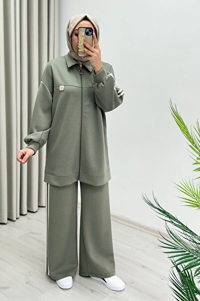 T Moda Store Tripen Yanları Şerit Detaylı Full Fermuar Kapamalı Rahat Kalıp Tesettür İkili Spor Takım