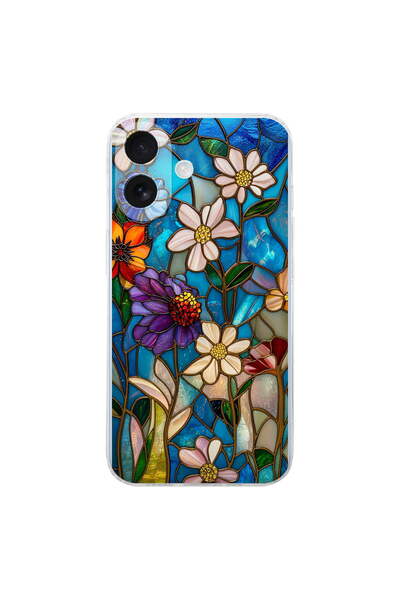 PrintiFy iPhone 17 ile Uyumlu Vitray Mavi Bahar Tasarımlı Şeffaf Silikon Kılıf