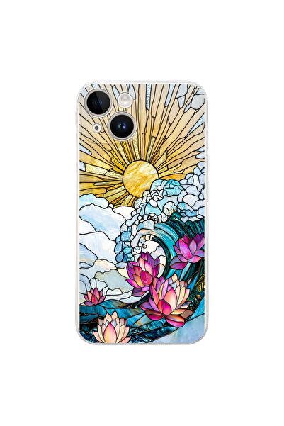 PrintiFy iPhone 14 Plus ile Uyumlu Vitray Okyanus Sabahı Tasarımlı Şeffaf Sil...