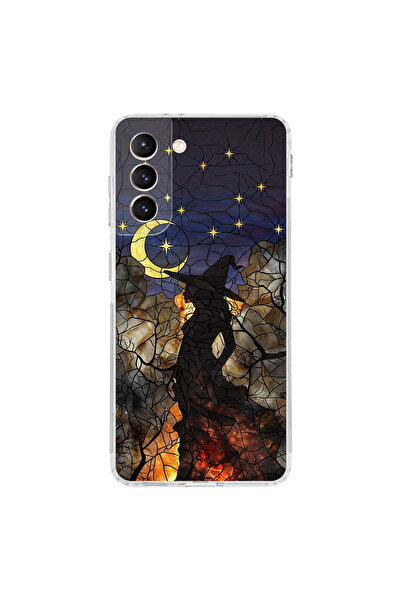PrintiFy Samsung Galaxy S21 ile Uyumlu Vitray Cadı Saati Tasarımlı Şeffaf Sil...