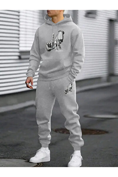 AEMİ Unisex Printed Hooded Sweatshirt and Jogger Sweatpants - Bottom Top Set