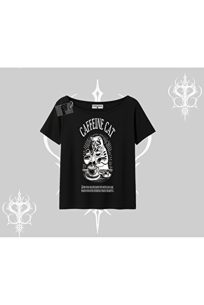 Tarzsokak Tricou cu gâtul tip barcă, cu imprimeu cu pisică tematică cafea, Ca...