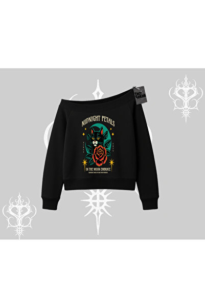 Tarzsokak سويت شيرت ميدنايت بتالز كات مطبوع برقبة على شكل قارب